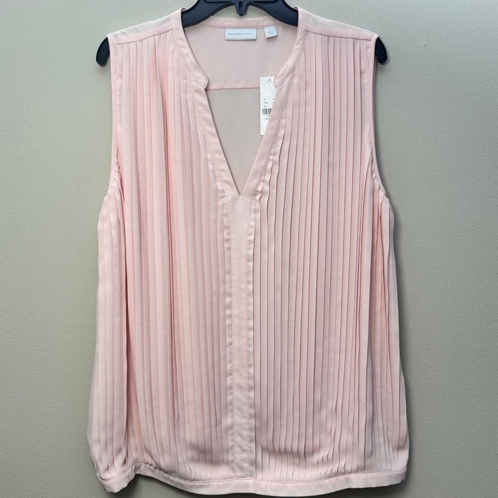 New York & Company Blush Pink Pleated Sheer Back Blouse XL NWT